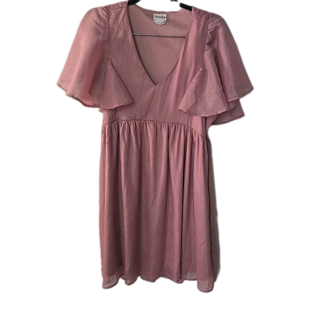 Arula Womens Pink Shimmer Dress With Pockets/ Butterfly Sleeves Size XL 44" p2p